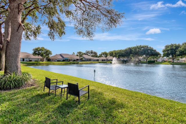 view of community with a lawn and a water view