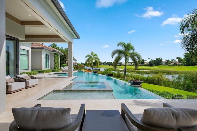 view of swimming pool featuring an in ground hot tub, a yard, a water view, and a patio