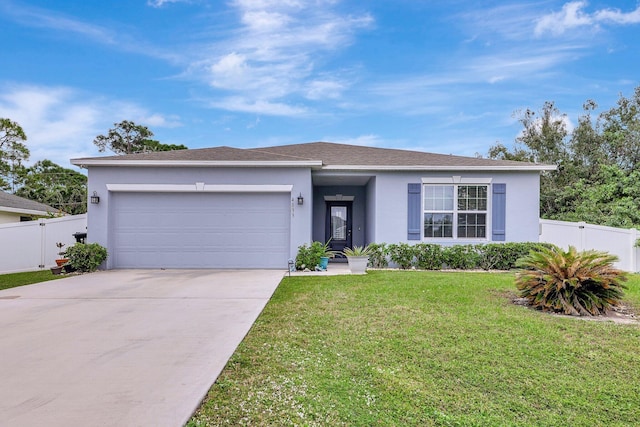 single story home with a front yard and a garage