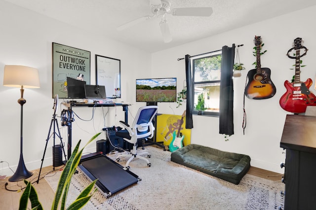 workout area with ceiling fan and hardwood / wood-style floors