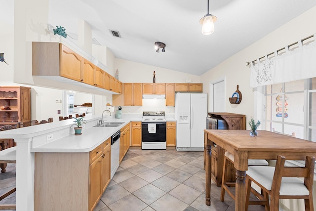 kitchen featuring white appliances, sink, vaulted ceiling, light brown cabinetry, and light tile patterned flooring