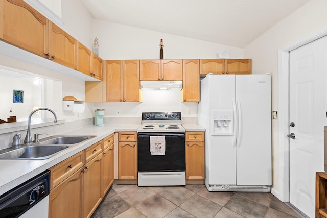 kitchen with white appliances, sink, light tile patterned floors, light brown cabinets, and lofted ceiling