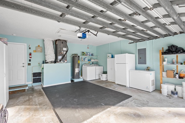 garage featuring electric panel, refrigerator, water heater, white fridge, and washing machine and clothes dryer