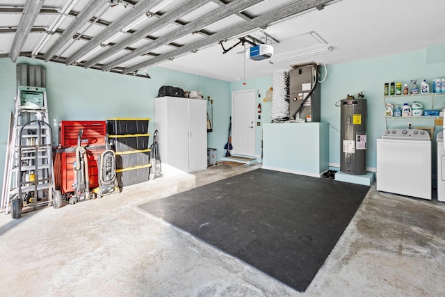 garage with washing machine and dryer, heating unit, a garage door opener, and water heater