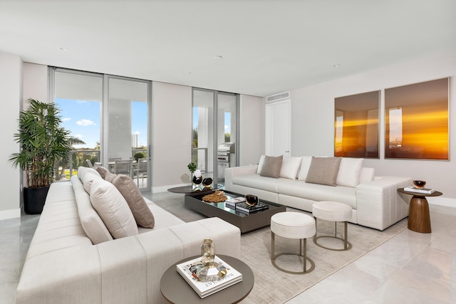 living room with a wall of windows