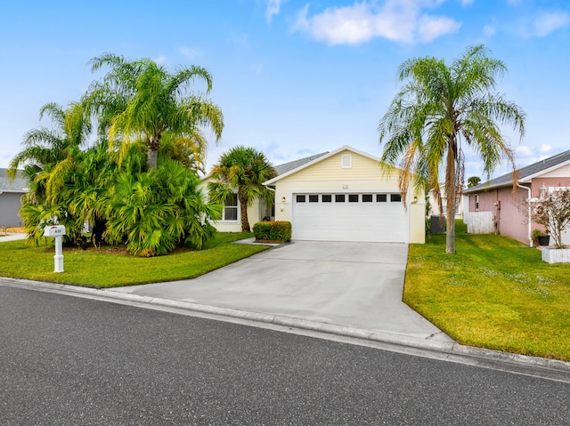 single story home with a front yard and a garage