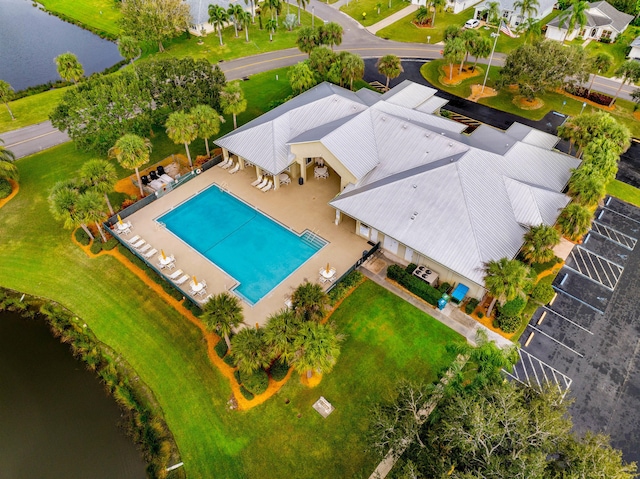 drone / aerial view featuring a water view