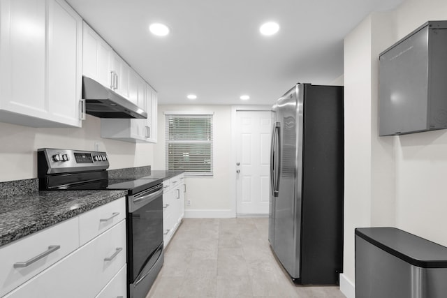 kitchen with white cabinets, black range with electric cooktop, stainless steel refrigerator, and dark stone counters