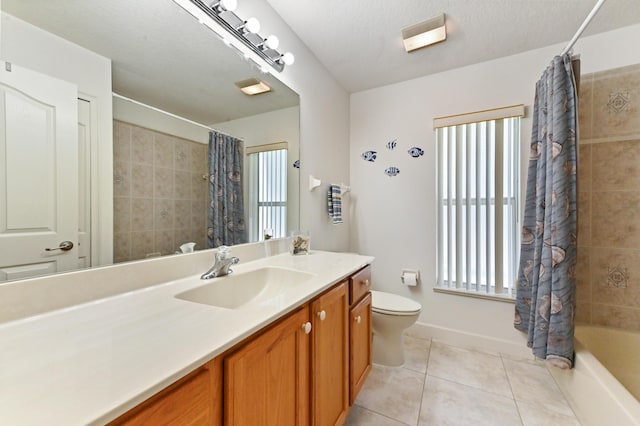 full bathroom featuring shower / bathtub combination with curtain, tile patterned flooring, a textured ceiling, toilet, and vanity