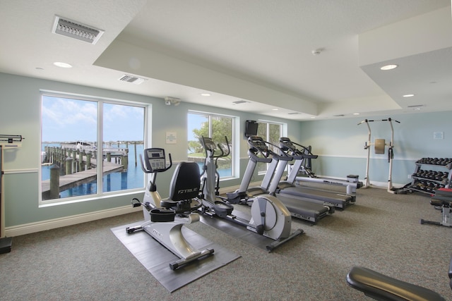 gym featuring a healthy amount of sunlight, a raised ceiling, and a water view