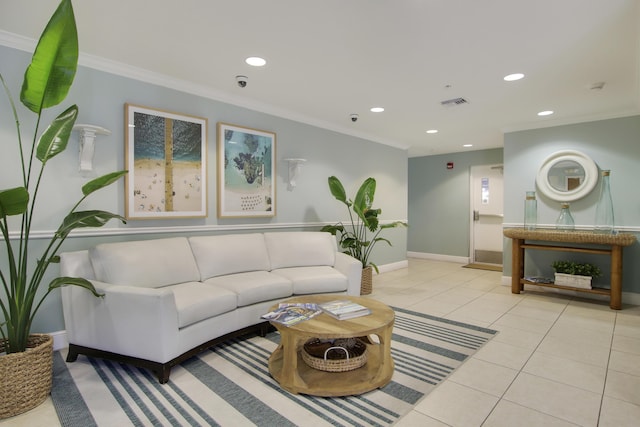 living room featuring light tile patterned floors and ornamental molding