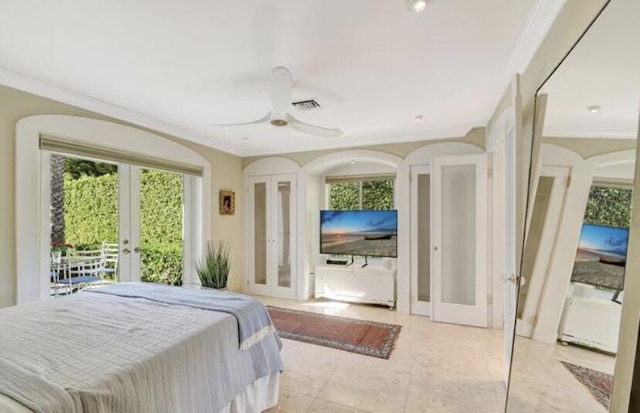 tiled bedroom with french doors, access to outside, ceiling fan, and ornamental molding