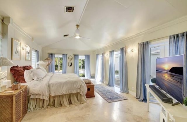 bedroom with vaulted ceiling, ceiling fan, and crown molding