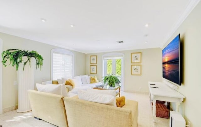 living room with crown molding