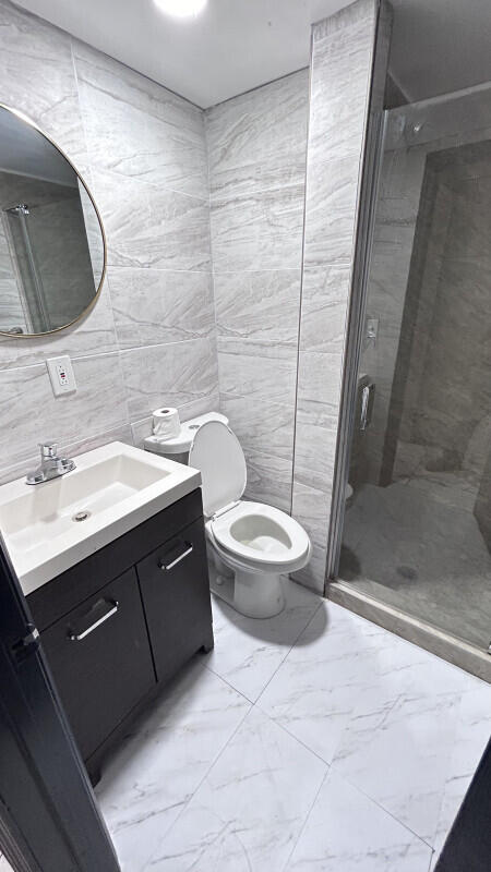 bathroom featuring vanity, a shower with shower door, tile walls, and toilet