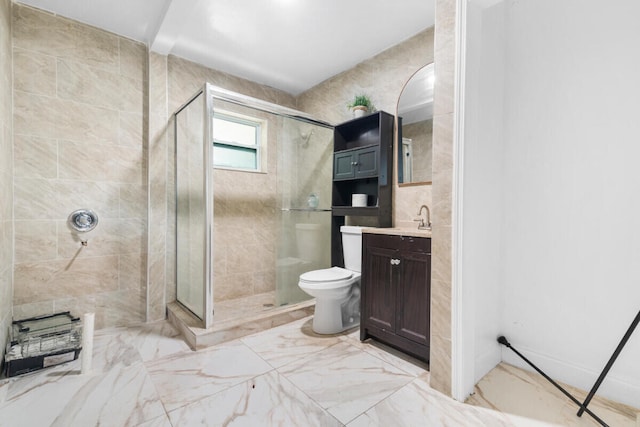 bathroom with vanity, an enclosed shower, and toilet