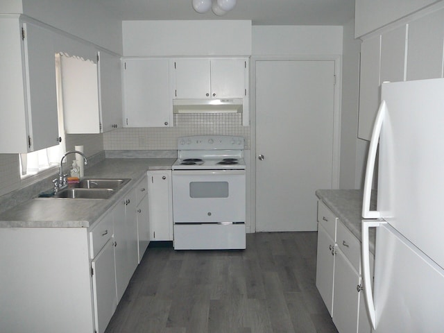 kitchen featuring dark hardwood / wood-style flooring, backsplash, white appliances, sink, and white cabinets