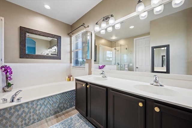 bathroom featuring vanity, wood-type flooring, and independent shower and bath