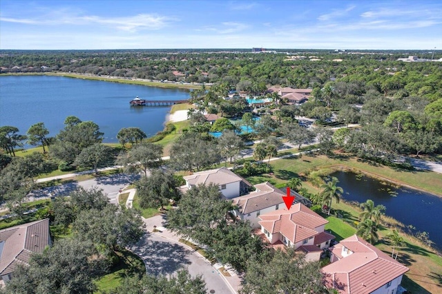 drone / aerial view featuring a water view