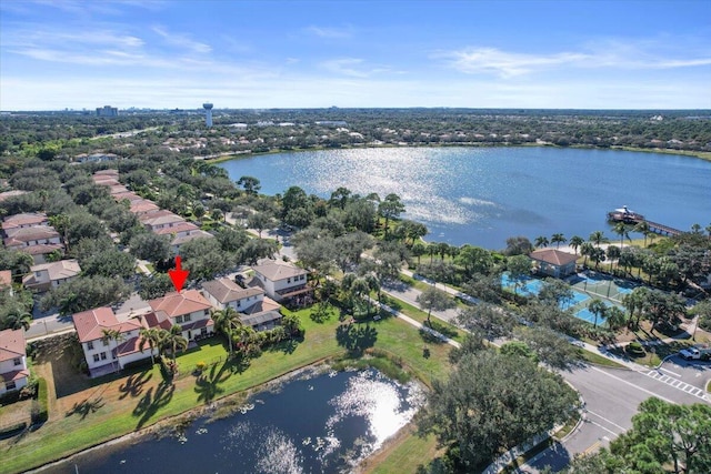 aerial view featuring a water view