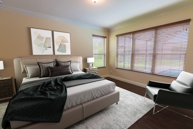 bedroom with crown molding, dark hardwood / wood-style floors, and a textured ceiling