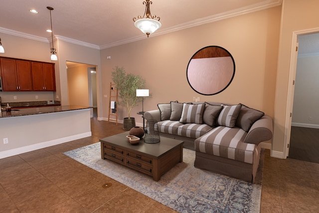 tiled living room featuring ornamental molding