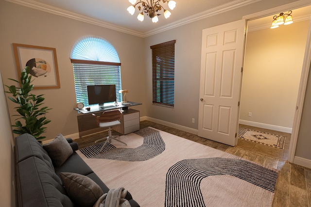 office area featuring hardwood / wood-style floors, ornamental molding, and a chandelier