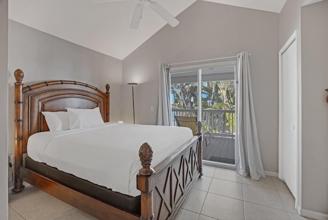 tiled bedroom featuring ceiling fan, access to outside, and vaulted ceiling