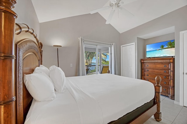 tiled bedroom with vaulted ceiling, ceiling fan, and access to outside