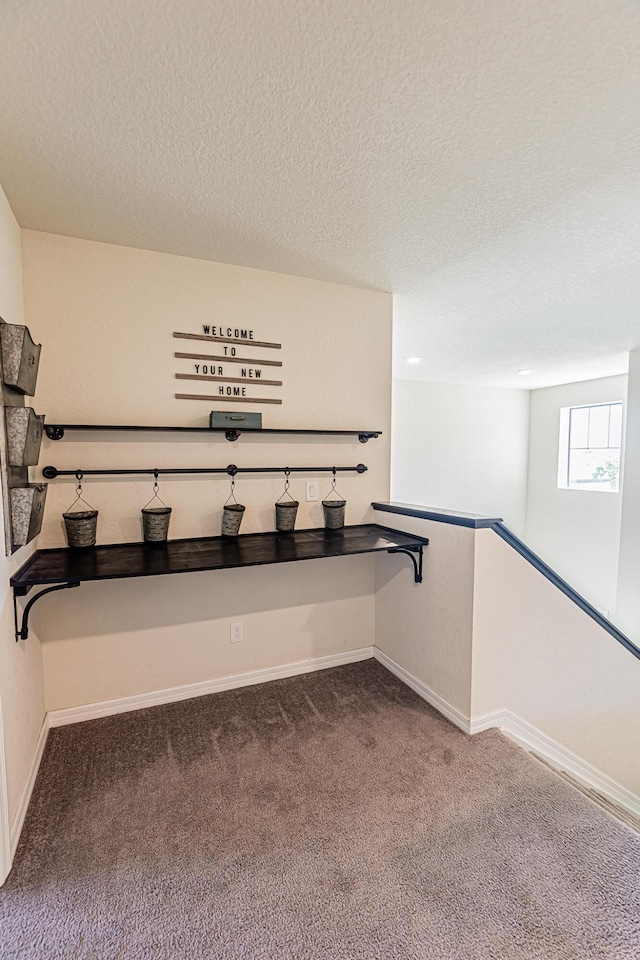 interior space featuring a textured ceiling and carpet