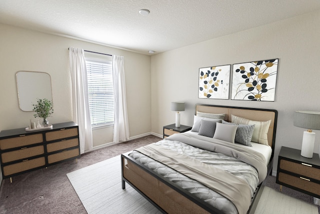 carpeted bedroom featuring a textured ceiling