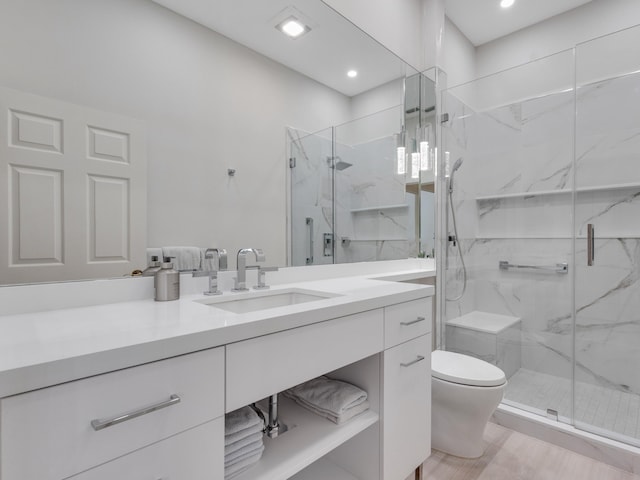 bathroom with vanity, toilet, and a shower with door