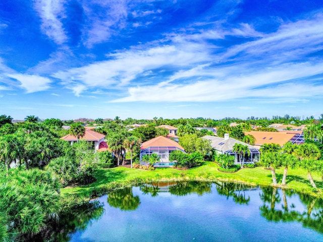 drone / aerial view with a water view