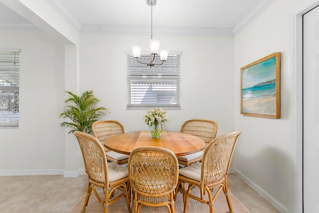 dining area with a notable chandelier and ornamental molding