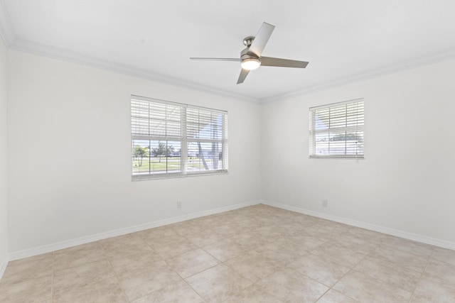 tiled empty room with crown molding and ceiling fan