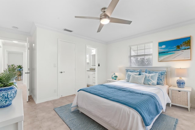 bedroom featuring ensuite bath, ceiling fan, crown molding, and light tile patterned flooring