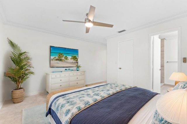 bedroom featuring connected bathroom, ceiling fan, crown molding, and light tile patterned flooring