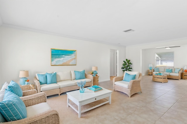 living room with light tile patterned floors and ornamental molding