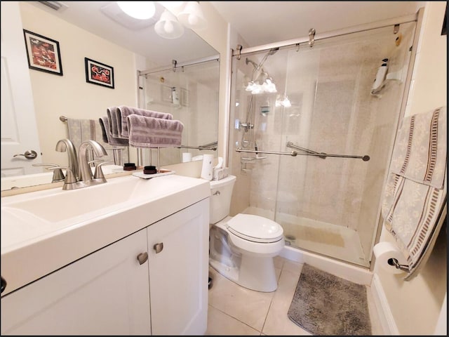 bathroom featuring tile patterned flooring, vanity, toilet, and a shower with door