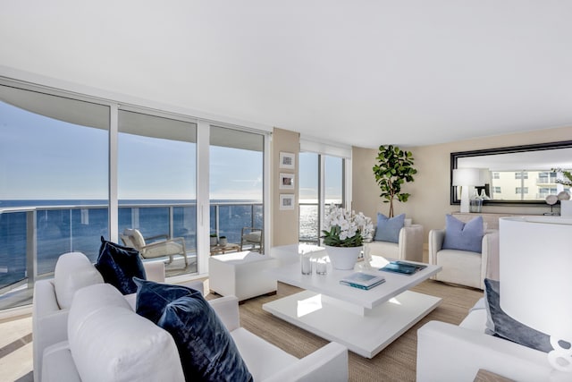 living room with a water view, light hardwood / wood-style flooring, and a wall of windows