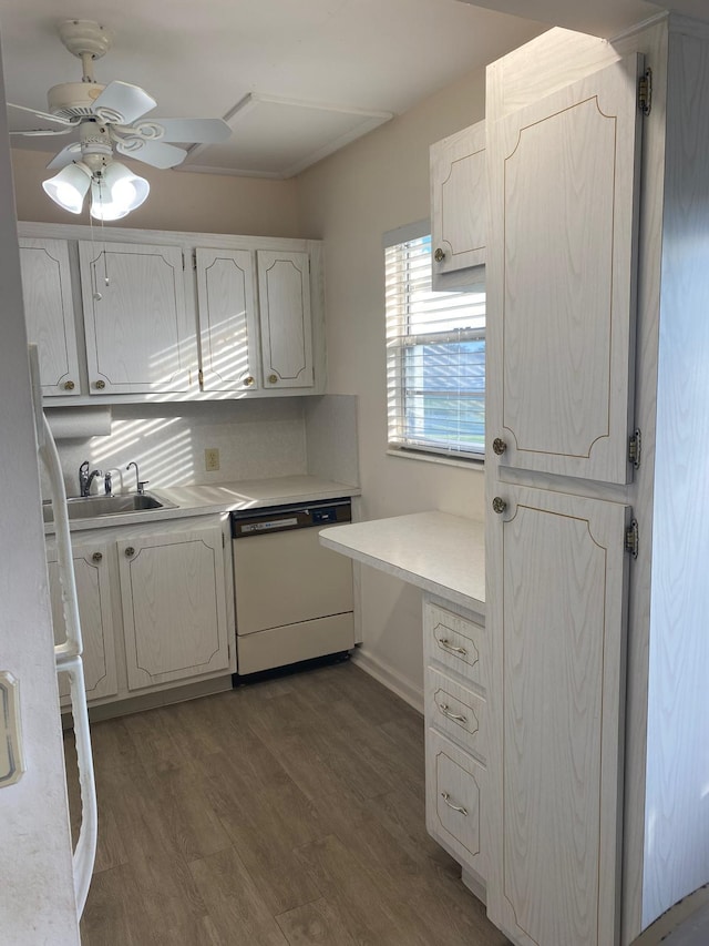 kitchen featuring ceiling fan, dark hardwood / wood-style floors, white appliances, and sink