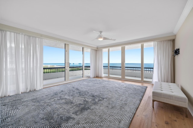 unfurnished sunroom with ceiling fan, a water view, and a healthy amount of sunlight