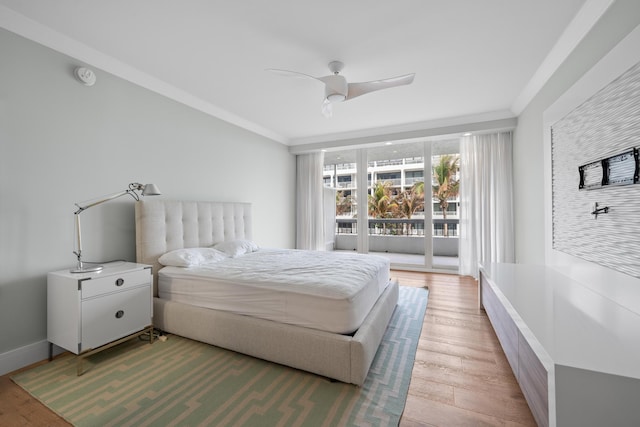 bedroom with access to outside, crown molding, ceiling fan, and light hardwood / wood-style floors