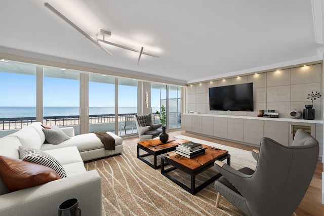 living room with hardwood / wood-style floors, a beach view, a water view, and a wall of windows