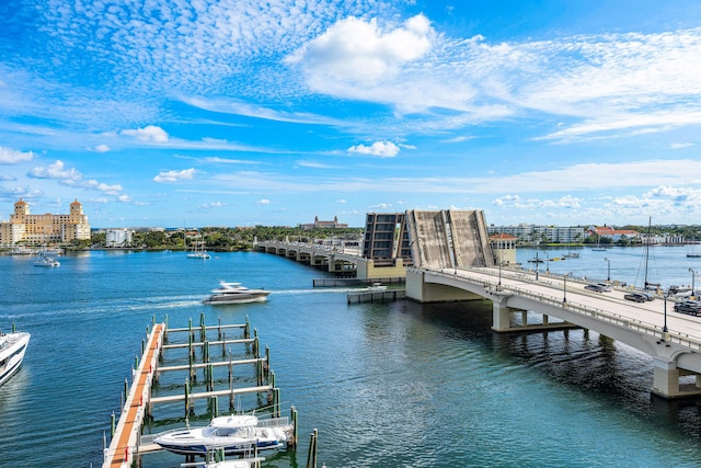 dock area with a water view