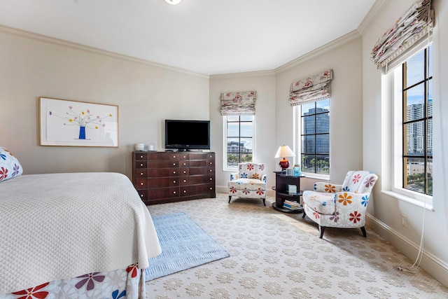 carpeted bedroom featuring crown molding