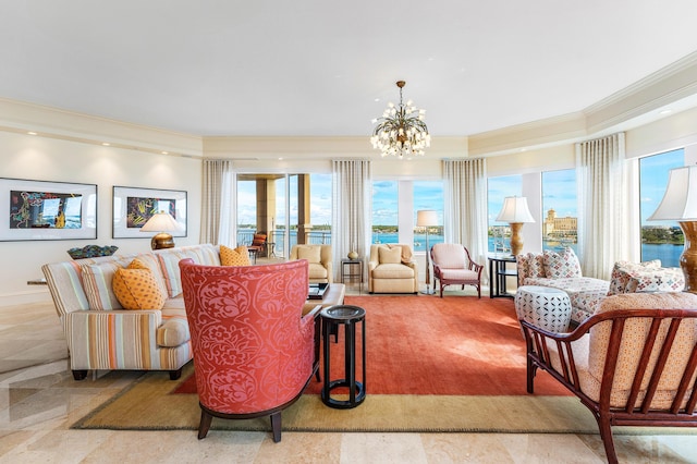 living room featuring a water view, crown molding, and a chandelier