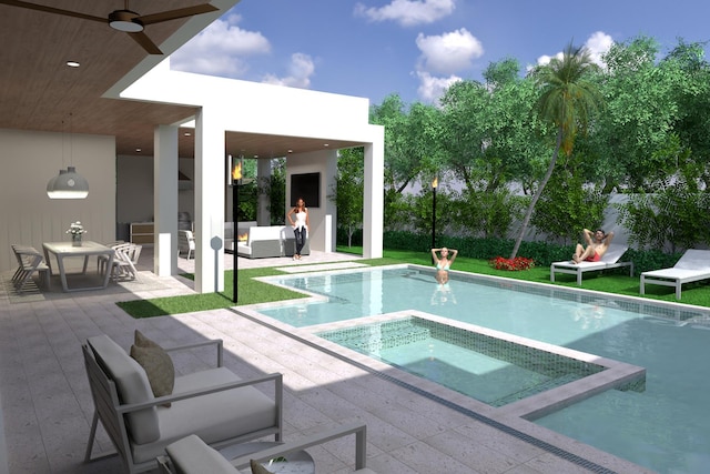 view of swimming pool with outdoor lounge area, ceiling fan, an in ground hot tub, and a patio