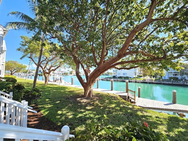 view of yard with a water view and a dock