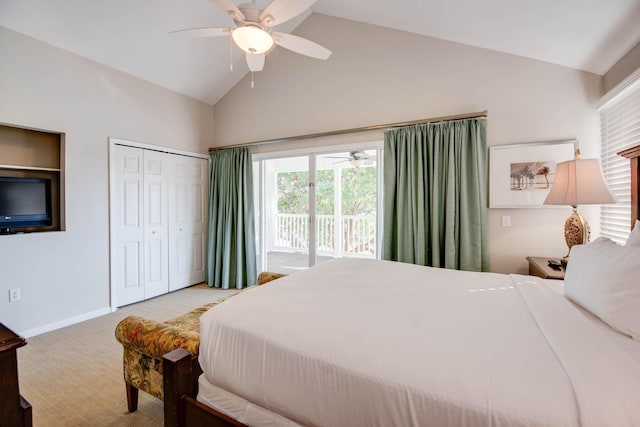 bedroom with high vaulted ceiling, light colored carpet, access to exterior, ceiling fan, and a closet